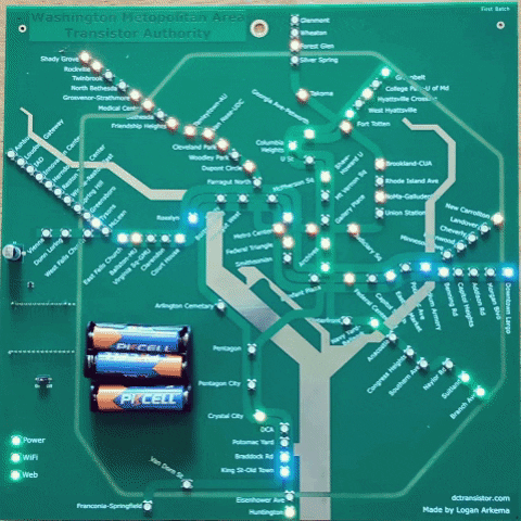 GIF of dctransistor board with LEDs moving to represent changing train positions.