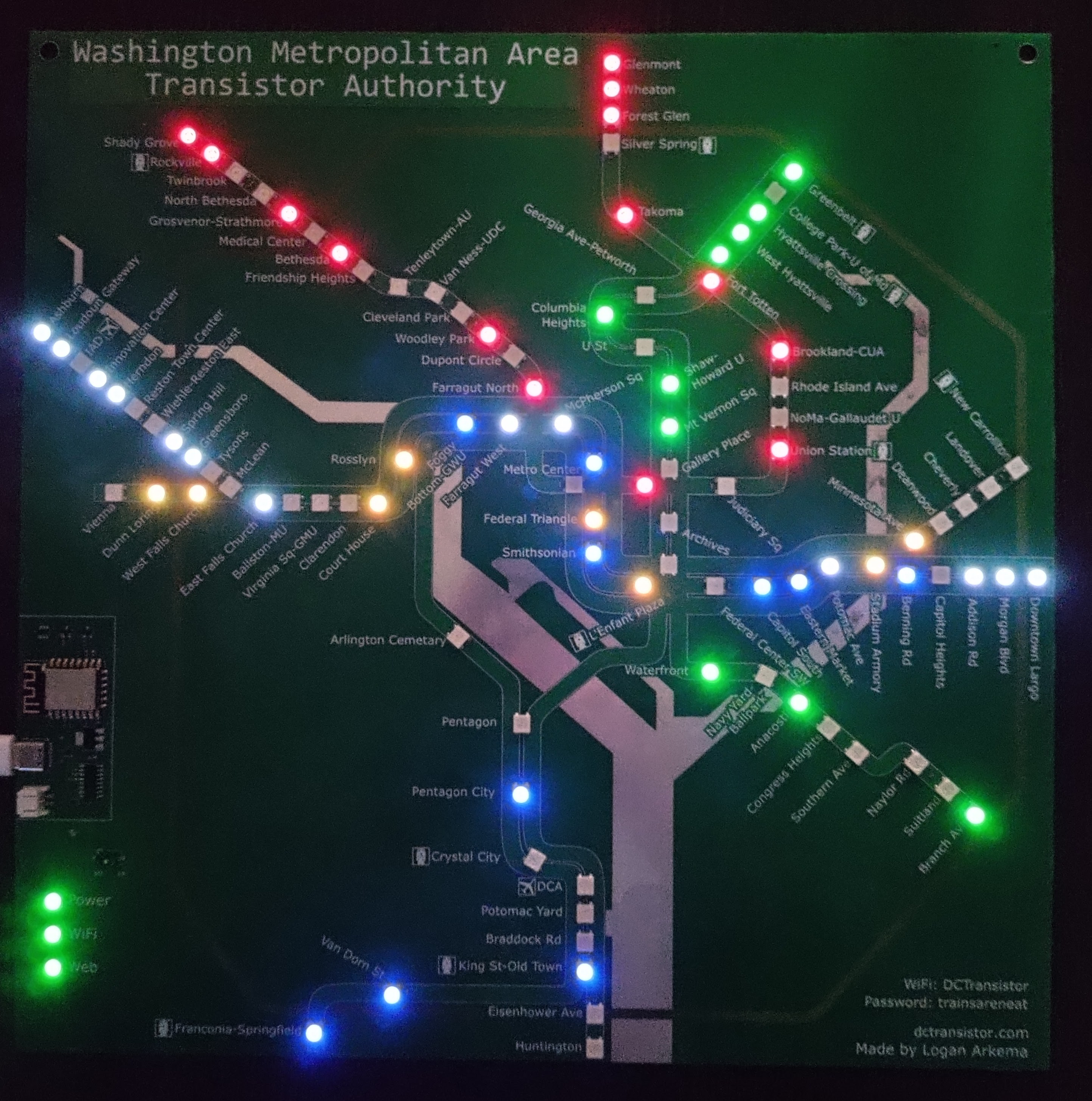 Standard DCTransistor Board turned on and showing live train positions using a single LED at each station. LEDs are lit up to match the color of the train line.